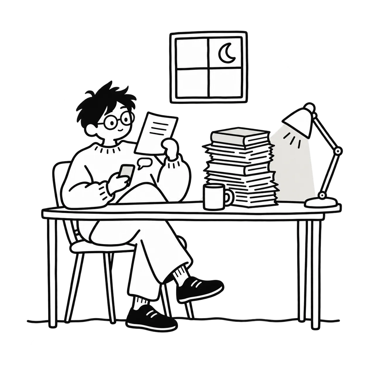 線條畫：深夜的書桌上堆著論文，一個人一邊讀一邊在手機上寫筆記
