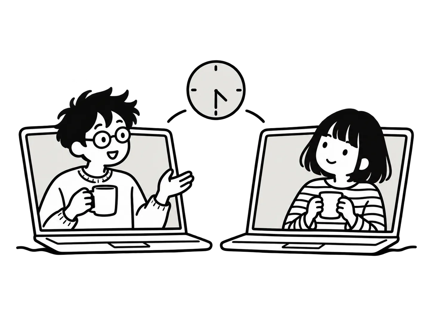 線條畫：兩個人隔著筆電視訊，各自拿著一杯咖啡