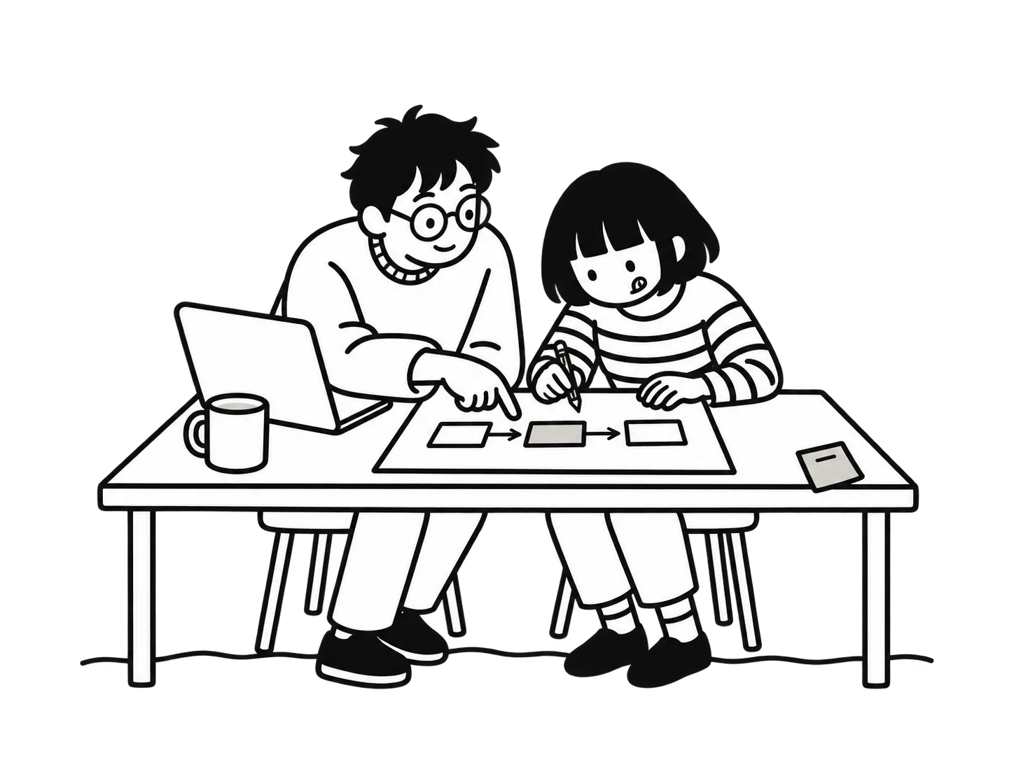 線條畫：教練和學員並肩看同一份工作，學員動手，教練在旁邊指點
