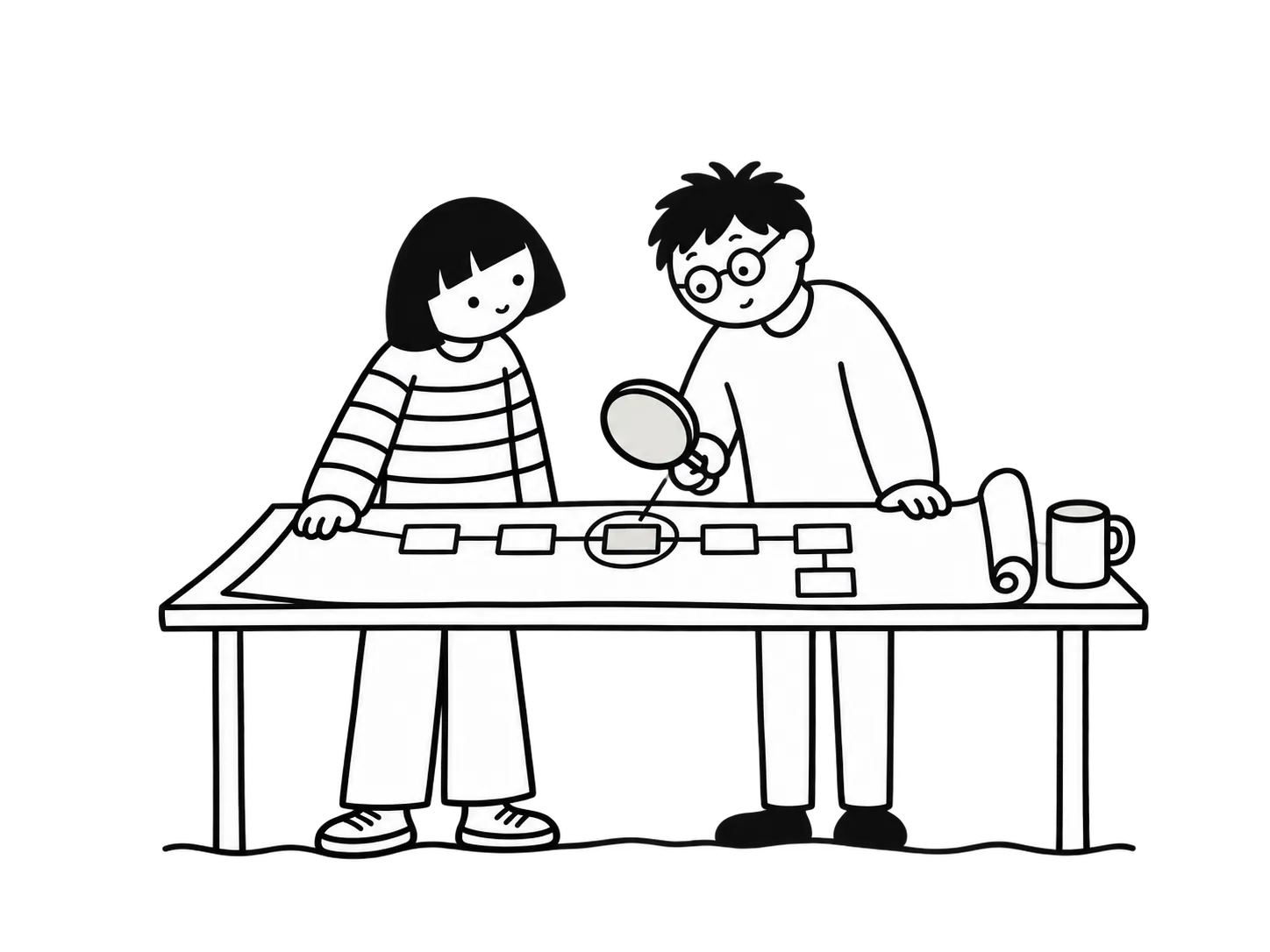 線條畫：主理人拿著放大鏡，和客戶一起看攤在桌上的流程圖，其中一格被圈起來