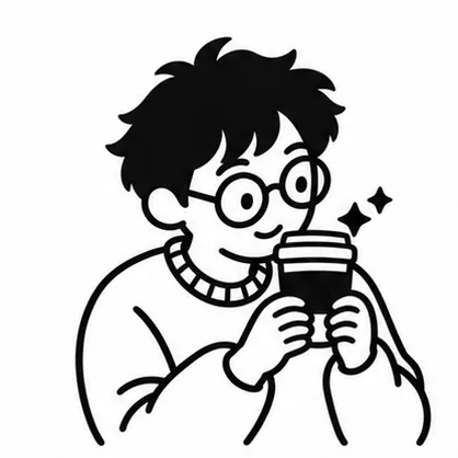線條畫：BrewBytes.ai 主理人戴著圓眼鏡，捧著一杯咖啡微笑