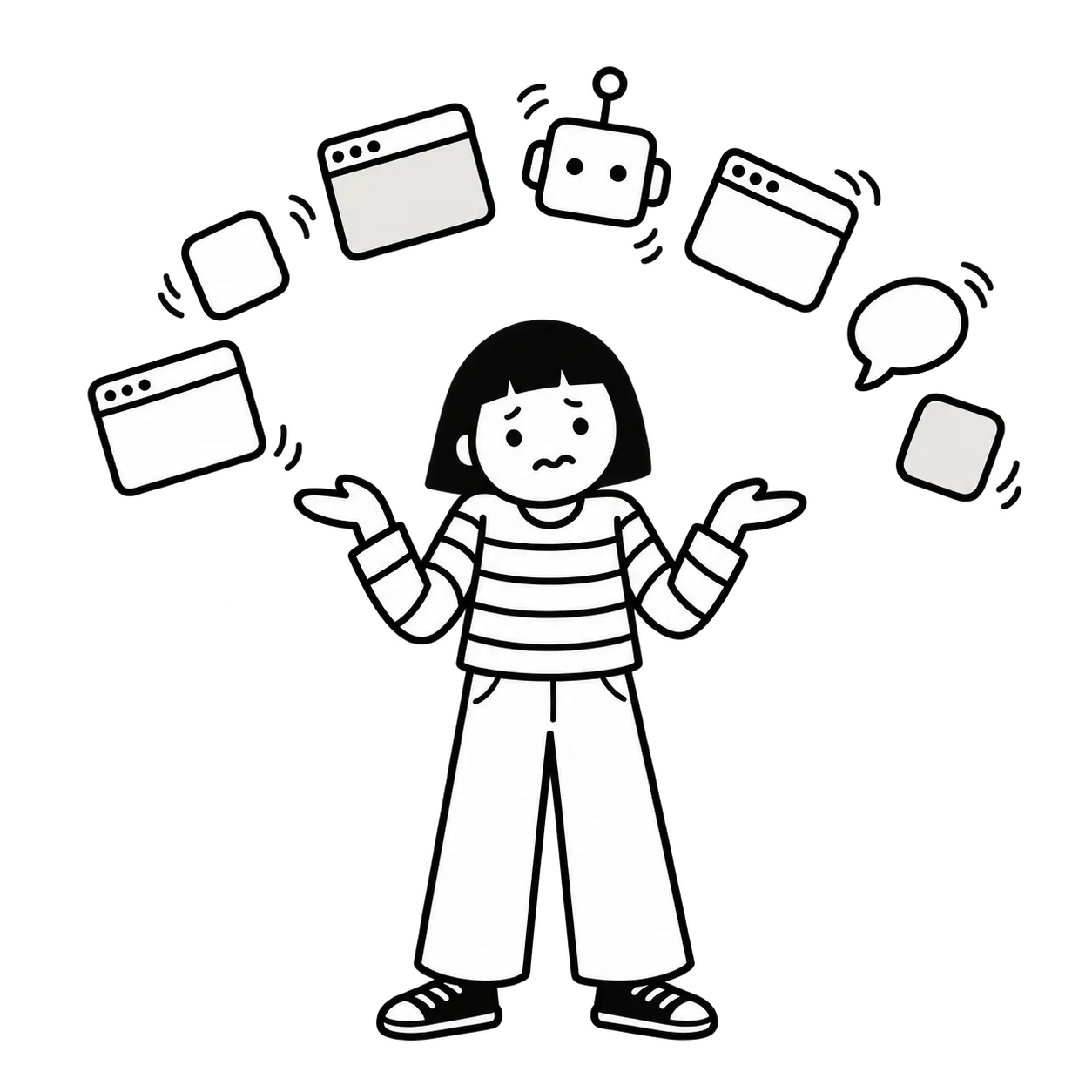 線條畫：一個人站在一堆飄浮的 App 視窗中間聳肩
