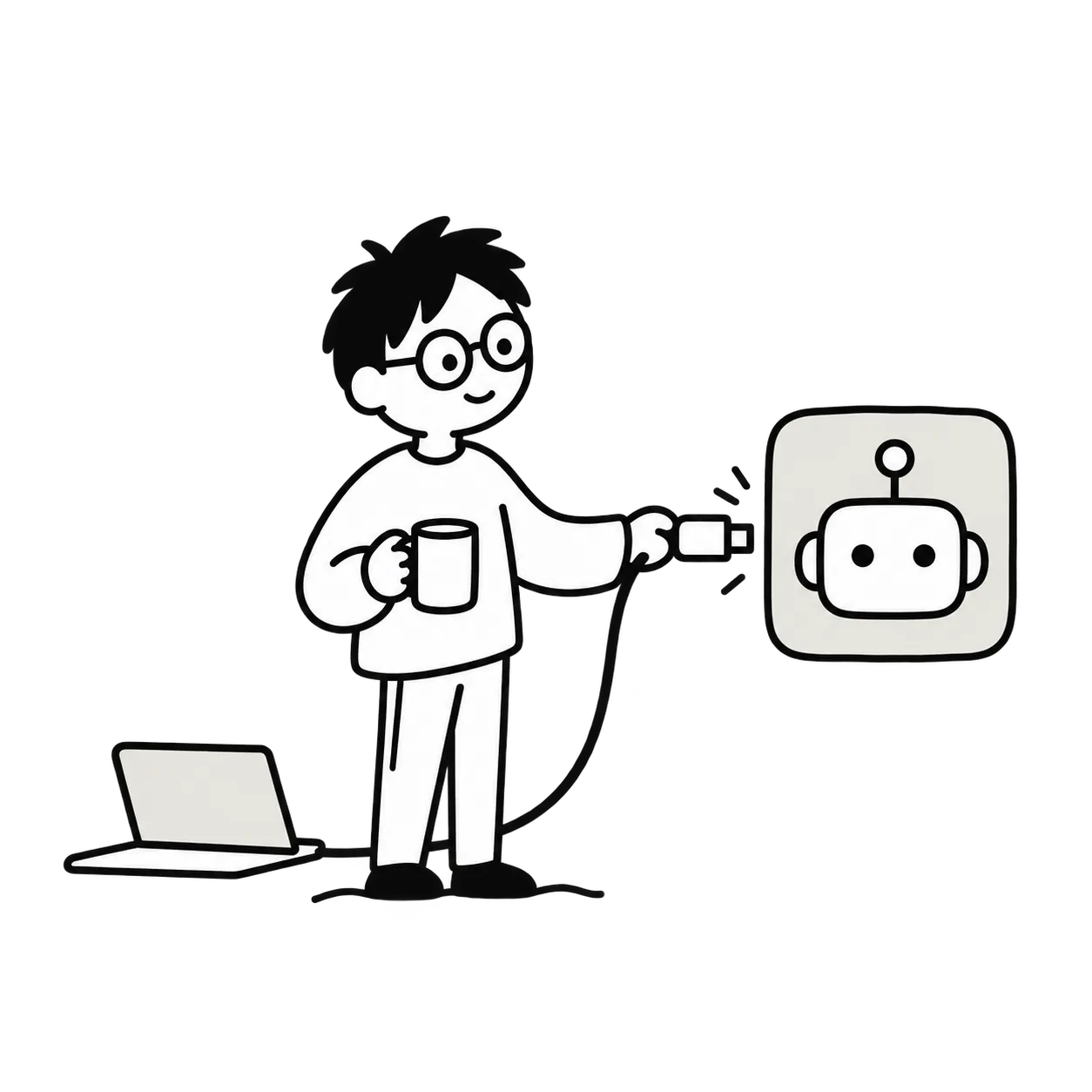 線條畫：主理人把筆電的連接線接上 AI 模型，另一手拿著咖啡