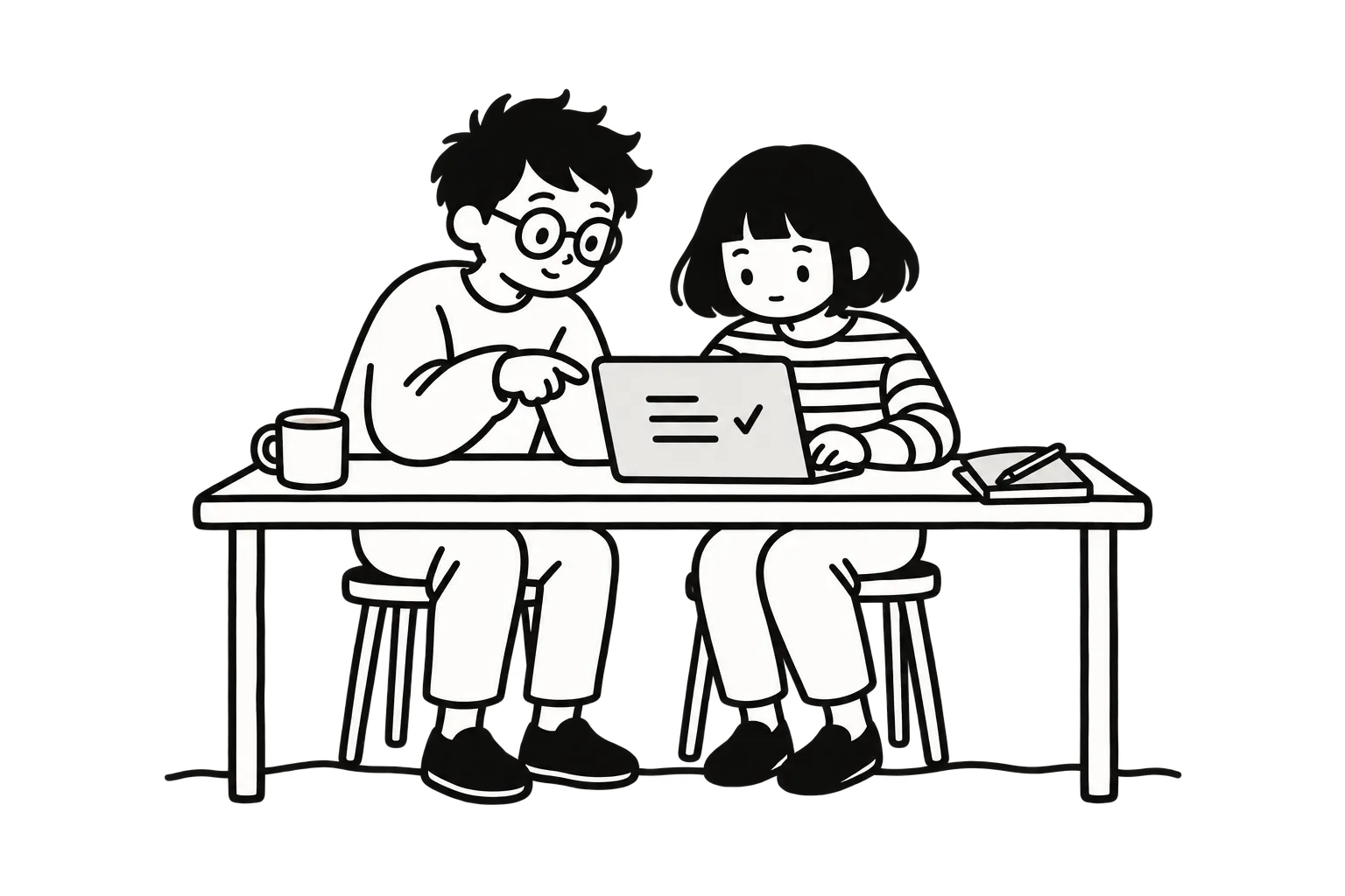線條畫：兩個人並肩坐在同一台電腦前，一個在指，一個在打字